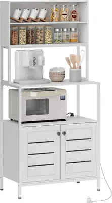 Image de HOMCOM Étagere cuisine avec multiprise, meuble micro-onde, étagère rangement cuisine style moderne avec placard double porte à persiennes et compartiments ouverts, 80 x 42 x 171 cm, blanc