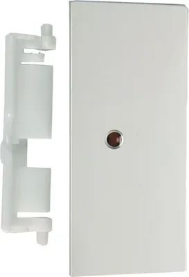 A white refrigerator door handle and its mounting clip.