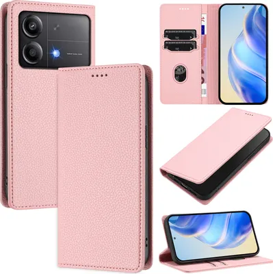 Produktbild von Litchi Leder Handyhülle für Xiaomi Poco X6 Neo Wallet Kartenfächer Standfunktion Hülle Pink