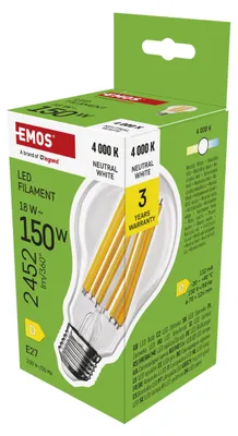 Obrázok produktu pre EMOS LED žiarovka Edison A70, 18W náhrada za 150W, historická žiarovka, pätica E27 a jas 2452 lm, neutrálna biela 4000 K, životnosť 25000 h , ZF5D83