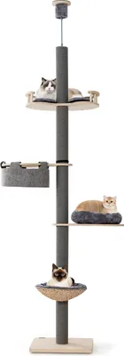 Produktbild von GOPLUS Deckenhoher Kratzbaum, Katzenbaum mit Einstellbarer Höhe 236–272 cm, 5-stufiger Katzenkratzbaum für Katzen mit Kratzpfosten, Sprungbrett, Korbbett & Hängematte, Grau