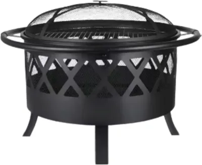 Produktbild von Feuerkorb mit Grillrost und Funkenabwehr – Ø81cm – 3-in-1 BBQ, Terrassenofen und Gartenfeuer – Retro-Design mit Poker- und Holzkohlerost