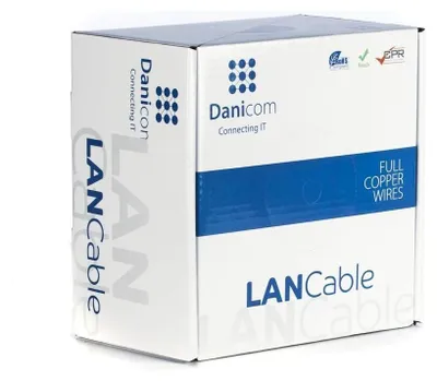 A white cardboard box for LAN cables, with blue branding and text.
