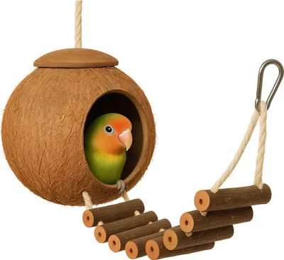 Produktbild von Kokosnuss-Spielhaus Mit Leiter Für Papageien - Sicheres Spielzeug Für Vögel