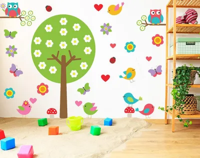 Kinderzimmerbaum mit Eulen, Vögeln und Schmetterlingen – Decords Wandtattoo, Produktansicht 1