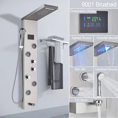 Produktbild von Linuode LED-Licht Duschpaneel Wasserfall Regendusche Wasserhahn Set SPA Massage Jet Badewanne Duschsäule Dusche Mischbatterie Turm,Gebürstetes Nickel 9001