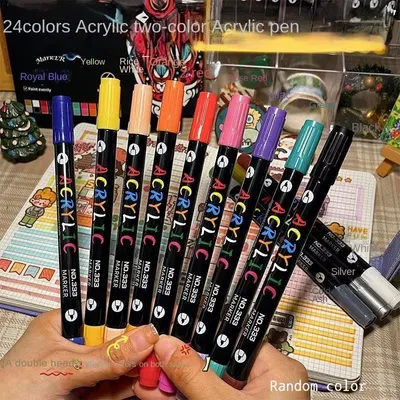 Image de Marqueurs à peinture acrylique professionnels, 48 couleurs, double pointe (fine et pinceau), adaptés à la pierre, au bois et à la calligraphie. Couleurs : 48 couleurs