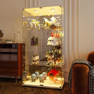 Produktbild von Glasvitrine Standvitrine,4 Lagen Glas Vitrine Vitrinenschrank Led Beleuchtung,Schloss und 2 Türe,Sammlervitrine mit Spiegelrückwand für Sammlerstücke Wohnzimmerschrank und Bücher