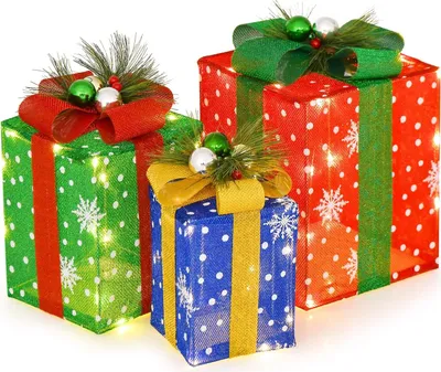 Immagine prodotto di COSTWAY set di 3 scatole regalo a LED, scatola natalizia con fiocco, decorazione natalizia impermeabile con 52 LED bianchi caldi, decorazione natalizia illuminata, decorazione natalizia per interni esterni