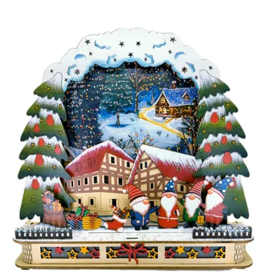 Produktbild von Kaladia Schwibbogen aus Holz - 3D Weihnachtslandschaft und Wichtel - mit Beleuchtung - ca. 29,5 x 7 x 29 cm