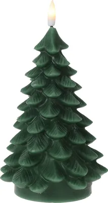 A green LED candle shaped like a Christmas tree.