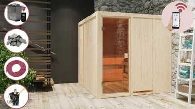 Produktbild von Karibu Sauna Innensauna Heimsauna HANNAH 3 Sparset 197x197 cm inkl. 9kw Ofen mit HUUM Wifi (App fähig) Steuerung