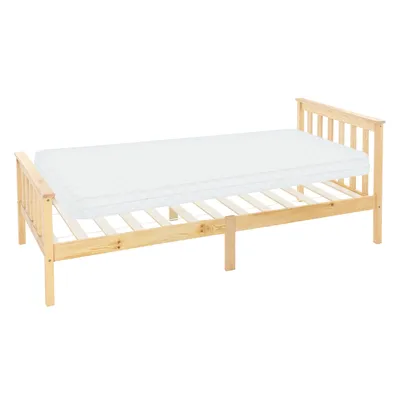 A wooden bed frame with a mattress on a white background.