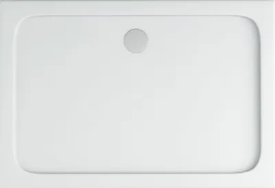 A top-down view of a white rectangular shower tray with a circular drain in the center.