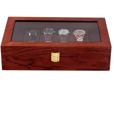 Produktbild von Uhrenbox - Uhrenkasten - 12 Fächer - Glasdeckel - Rosenholzfurnier - Samtauskleidung - 31×19,8×8 cm - Braun