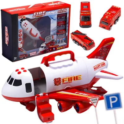 Zdjęcie produktu dla WOOPIE Samolot Rozkładany Transporter Straż Pożarna z 3 Autami Strażackimi Zestaw XL Znaki Drogowe