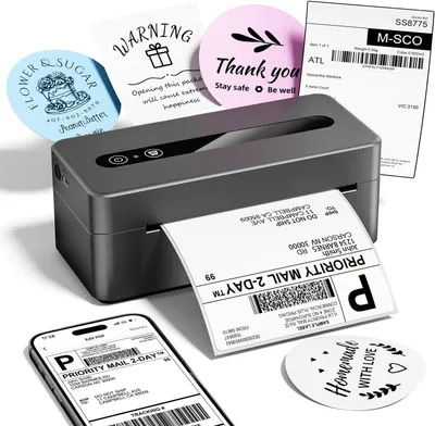 Zdjęcie produktu dla Drukarka etykiet Bluetooth, urządzenie do etykietowania, drukarka etykiet 4x6 do kodów kreskowych, drukarka etykiet DHL; obsługuje systemy iOS, Android, Windows i Mac
