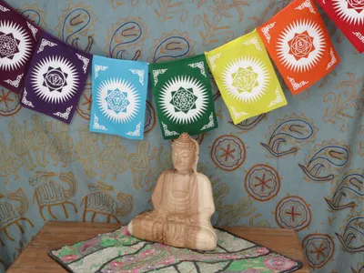 Produktbild von Chakra-Meditation Wimpelkette - Modell 3, Mehrfarbig, Baumwolle, 25*200*0,1 cm, Gebetsfahnen