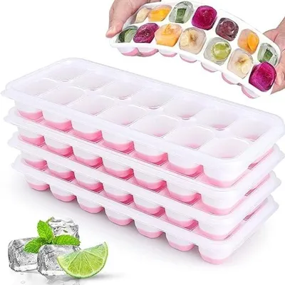 Produktbild von PolkaHome® Silikon-Eiswürfelform 4er-Set mit Deckel - 56 Fächer, BPA-frei, LFGB-, stapelbar, rosa