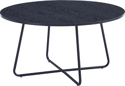 A round, dark oak coffee table with black metal legs against a white background.
