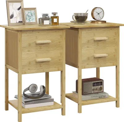 Image de HOMCOM Lot de 2 tables de chevet, table de nuit, en bambou, table d'appoint avec 2 tiroirs et 1 étagère, style scandinave, 40 x 34 x 60 cm, naturel