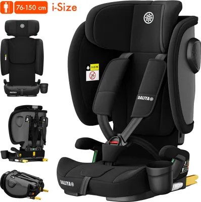 A collage of images showing a black child car seat from different angles, including close-ups of its features and a folded state.