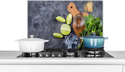 Produktbild von KitchenYeah®  Spritzschutz Küche - Küchenrückwand - Wandschutz für Herd und Spüle - Schneidebrett - Glas - Obst - Zitrone 60x40 - Alu-Dibond (Alternative zum Spritzschutz aus Glas) - Hitzebeständig -