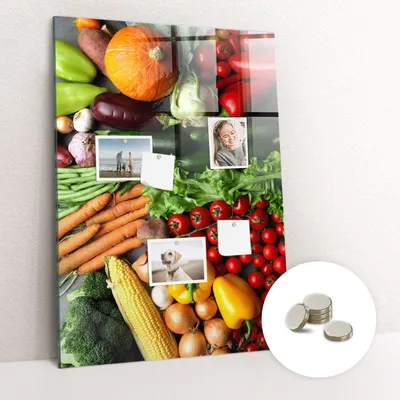 Produktbild von Magnetische Wandtafel aus Glas – Memotafel mit gebogener Vorderseite – Enthält 5 Magnete – 70x100 cm – Herbstgemüse-Motiv