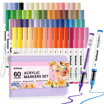 Immagine prodotto di Set di pennarelli acrilici con 60 colori, ideali per disegni in stile anime. Punta a pennello, a base d'acqua, coprenti, adatti per vetro, pietra, legno, tela, tessuto e canvas. Con borsa. Certificati CE