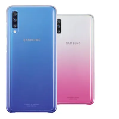 Two Samsung Galaxy A70 phones with gradient cases, one blue and one pink, are shown from the back.
