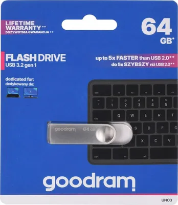 Zdjęcie produktu dla Goodram USB UNO3-0640S0R11, 64 GB, USB Typu-A, 3.2 Gen 1 (3.1 Gen 1), 60 MB/s, Bez zatyczki, Srebrny