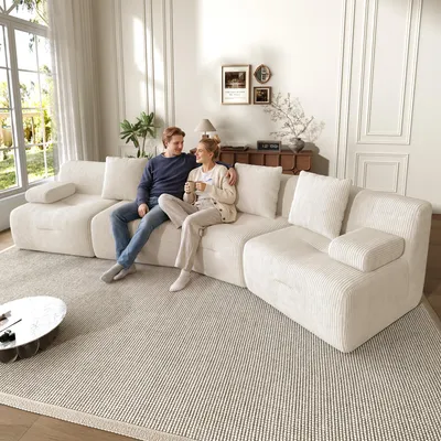 Produktbild von Merax Modulares Sofa 4-Sitzer aus Cordstoff, 4 frei kombinierbare Sitzmodule, Kompressionssofa ohne Montage, 400 kg belastbar, 311×90×65 cm, Weiß