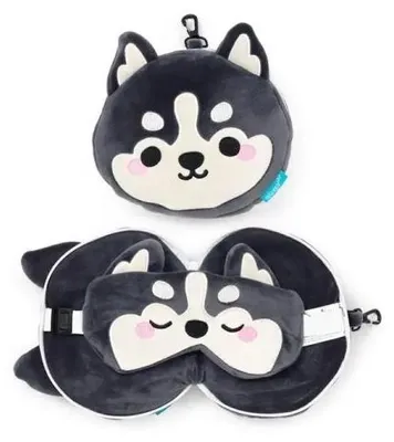 Image de Oreiller de voyage et masque pour les yeux « Chien Husky » - Puckator