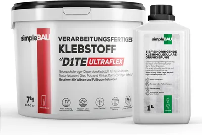 Produktbild von SimpleBau Fertigfliesenkleber Universal Kleber für Gipskartonplatten, 7kg + 1l Grundierung