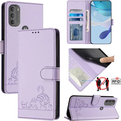 Produktbild von Leder Hülle für Motorola Moto G71 Süße Katze Flip Case Brieftasche Schutzhülle mit Standfunktion Lila