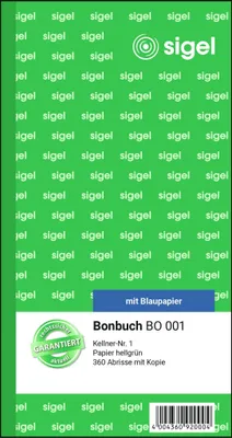 Produktbild von SIGEL BO001 Bonbuch, 360 Abrisse, Kellner-Nr. 1, hellgrün, 105x200 mm, mit Blaupapier, 2 x 60 Blatt