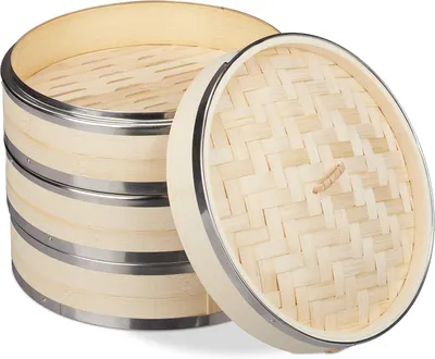 Productafbeelding van Bamboe stoommandje - Ø 24 cm - 3 etages - Metalen randen - Hout - Aziatische stomer voor rijst - Vis - Natuur