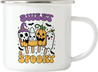 Produktbild von Sweet & Spooky Emaille-Tasse Halloween Geschenkidee Süßigkeiten Kürbis Geister