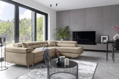 Produktbild von Ecksofa Schlafsofa SARRA in Stoff Paros Beige Ottomane Rechts