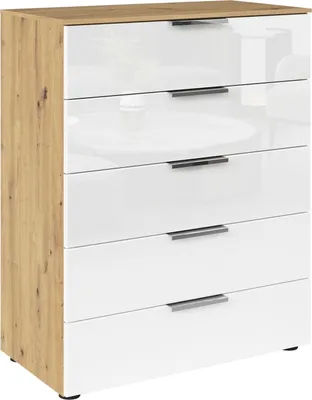 Produktbild von Kommode - 80 x 100 cm - 5 Schubladen - Artisan Eiche Nachbildung - Weiß - Glas