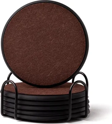 Produktbild von INF 6er Set Runde Silikon Filz Untersetzer mit Halter - Hitzebeständig Braun+Schwarz