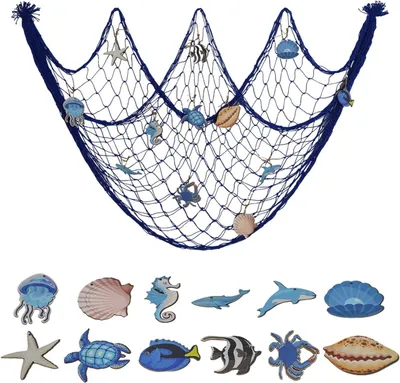 Imagen del producto de Decoración con red de pesca, algodón, 100x200 cm, con 12 adornos marinos, decoración de pared para el hogar