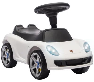 Productafbeelding van Porsche elektrische kinderauto met claxon, verlichting en motorgeluiden, voor kinderen van 18-36 maanden, wit.