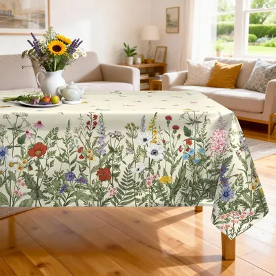 Immagine prodotto di Tovaglia in poliestere con motivo a erba e fiori selvatici, forma rettangolare, dimensioni 152 x 304 cm, lavabile