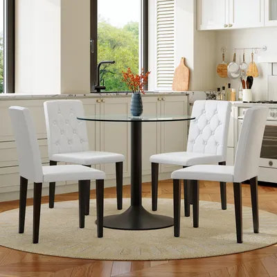 Produktbild von Tisch-Stuhl-Set, 85 cm runder Glastisch + 4 weiße PolyurethanStühle, schwarze Beine, minimalistisch