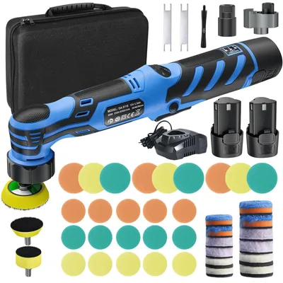 Produktbild von Kabellose 12V Mini Autopoliermaschine - RO/DA Exzenterpolierer - 2,5/3,8/5 cm Pads - wiederaufladbares Autopflege-Set mit 2 Akkus