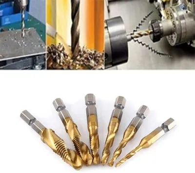 Produktbild von 6-teiliges Gewindeschneider-Set für metrische Gewinde M3-M10, HSS-CO-Bohrer mit Sechskantschaft 6,35 mm, titanbeschichtet für Stahl und Edelstahl