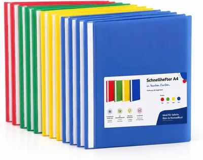Produktbild von 16x Schnellhefter A4 bunt – Heftmappen aus Kunststoff mit transparenter Vorderseite & Beschriftungsfeld – Rot, Grün, Gelb & Blau (1x Set (16 Stück))
