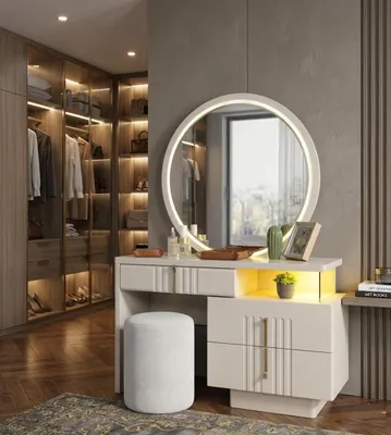 Obrázok produktu pre Toaletný stolík, komoda, béžová farba, moderný dizajn, elegantné zrkadlo, stolička