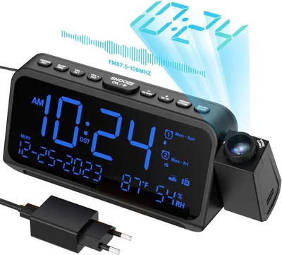 Productafbeelding van Wekker met projectiefunctie, geschikt voor de slaapkamer, 270° draaibaar, 5 helderheidsniveaus, met temperatuur- en luchtvochtigheidssensor, dubbele alarmfunctie, snooze-functie, USB-C aansluiting en nachtlampje
